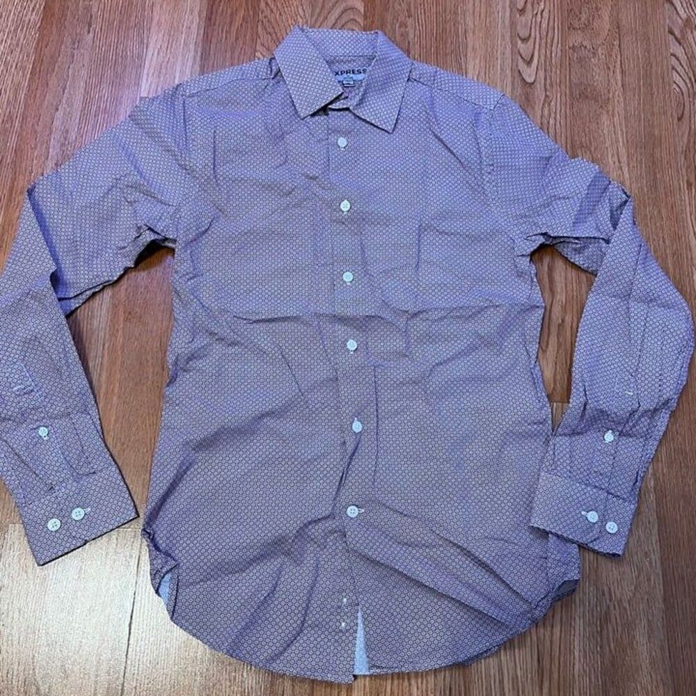 Express Mens XS Fitted Burgundy Geometric Diamond Long Sleeve Button Down Shirt